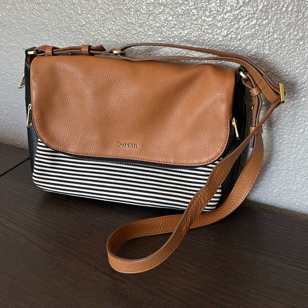 Fossil Preston Flap Black and White Stripe, Camel Leather, Brass Detail